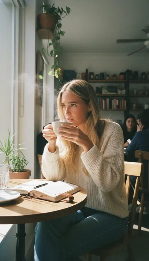 Carousel slide: woman with coffee in a café