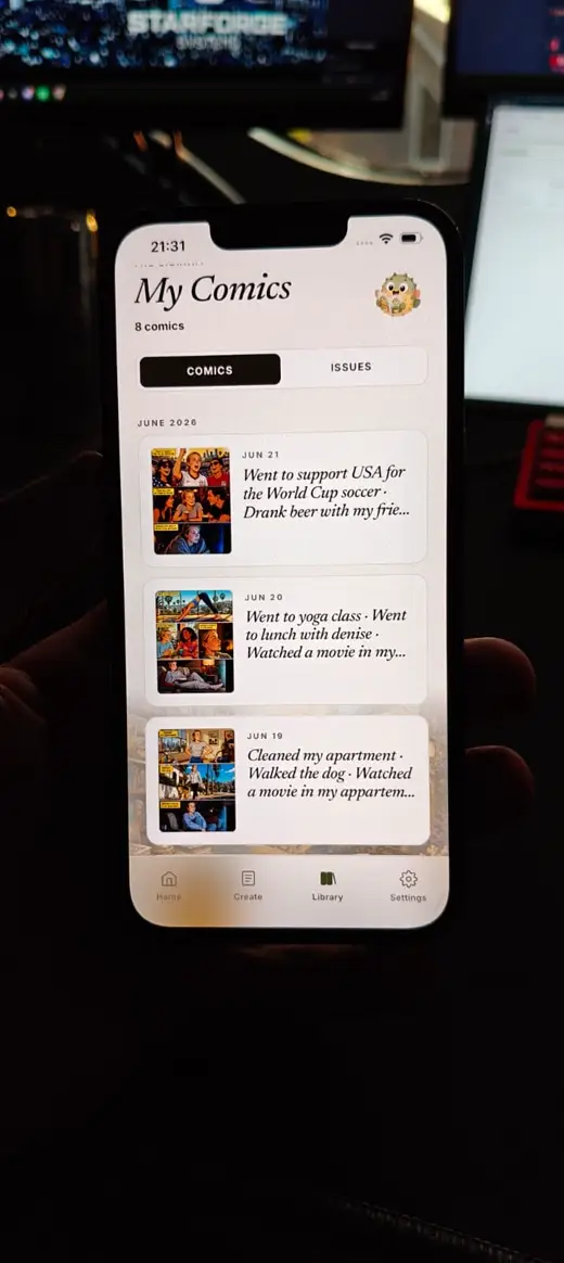 Carousel slide: phone showing a library of weekly comics