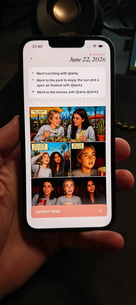 Carousel slide: phone showing a generated comic page of the week